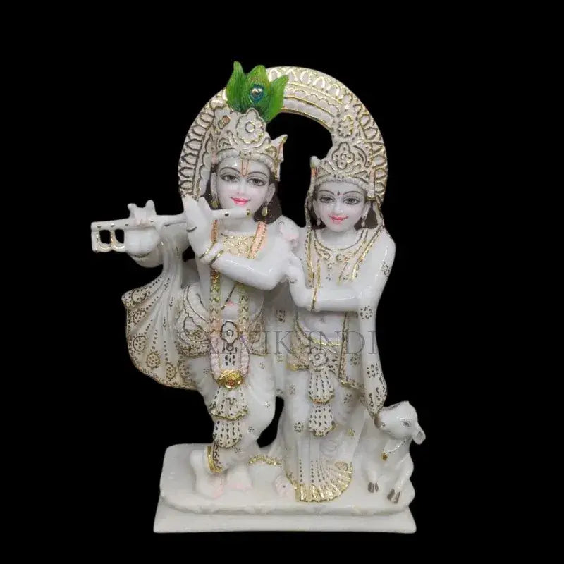 Radha Krishna Jugal Marble Statue with Cow Handcrafted in White Marble