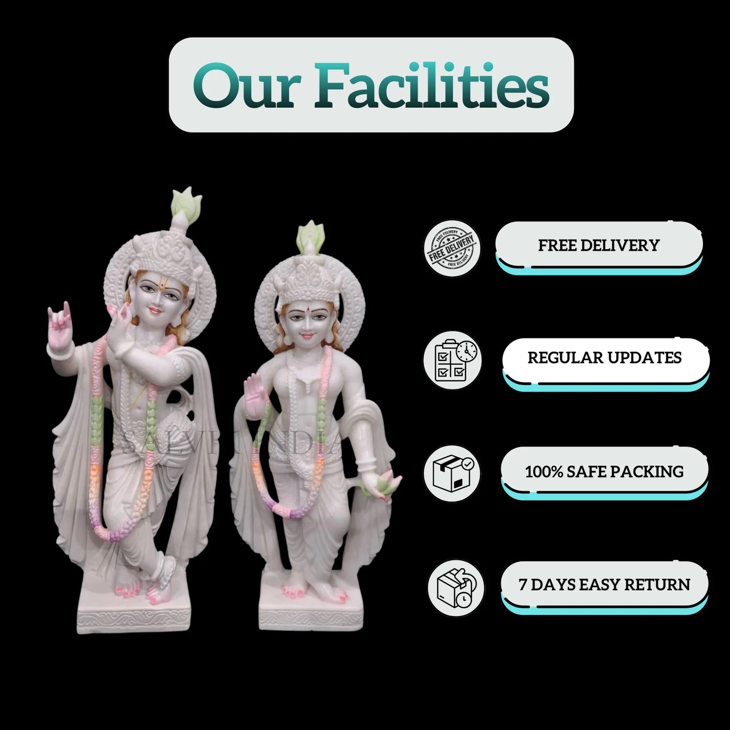 Front view of Radha Krishna murti made from Makrana marble