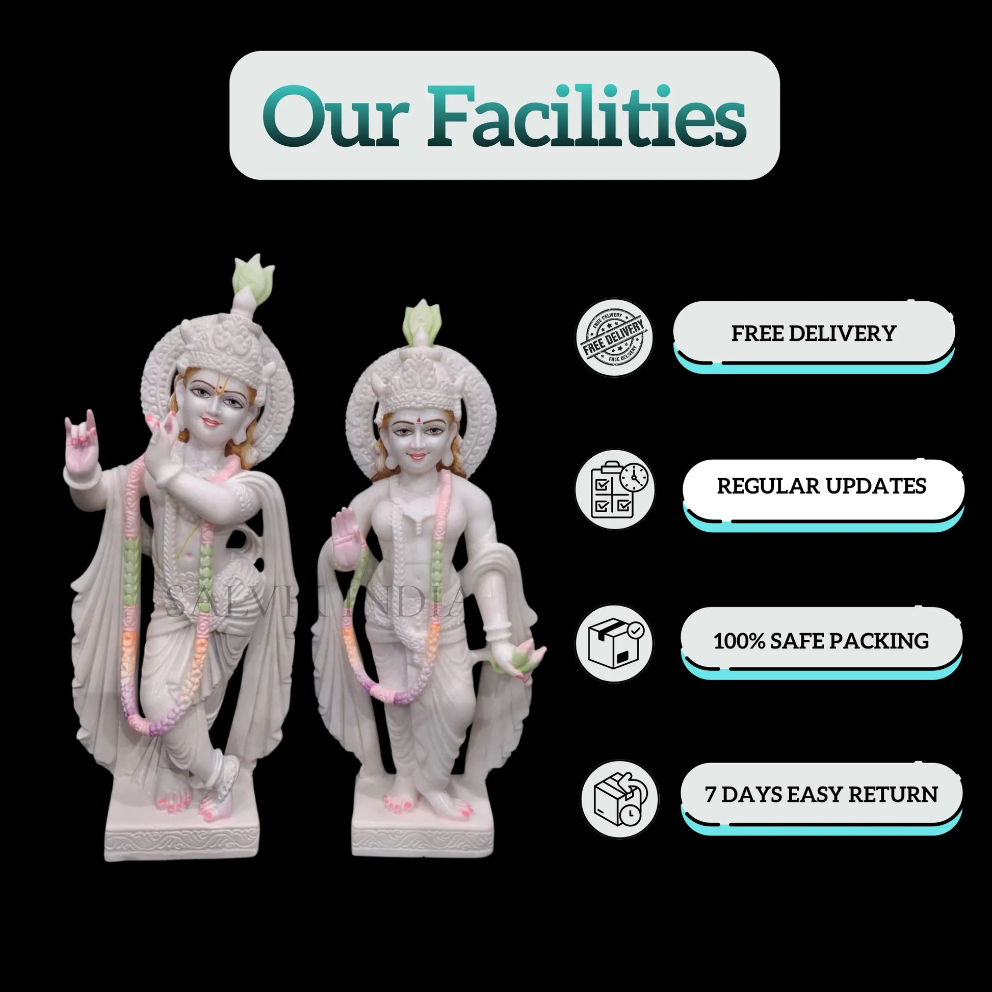 Front view of Radha Krishna murti made from Makrana marble
