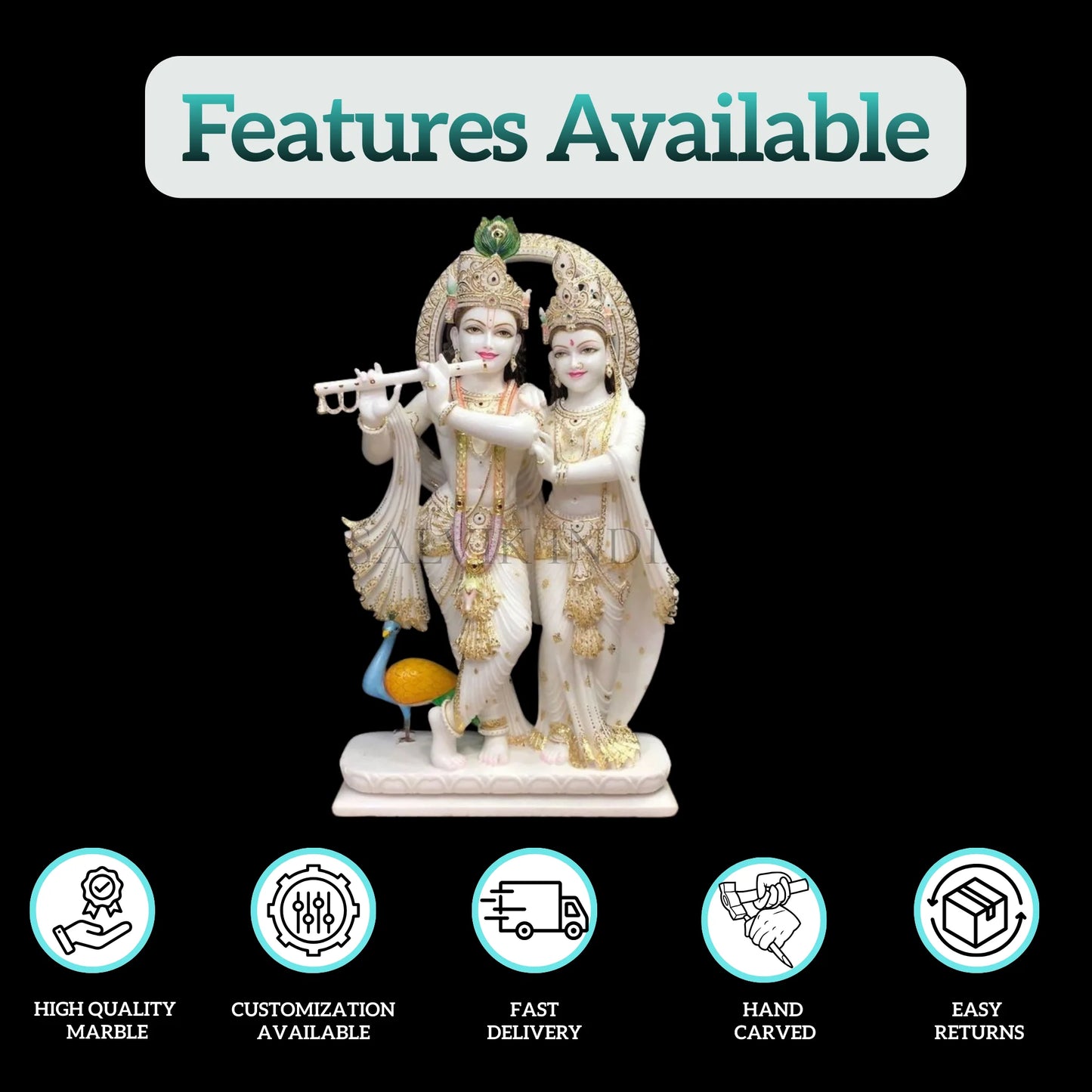 Close-up details of Radha Krishna marble idol showing fine craftsmanship