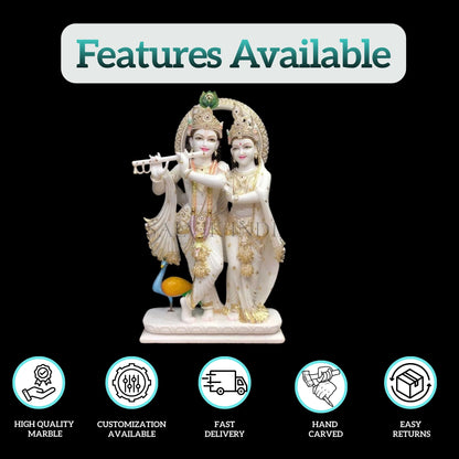 Close-up details of Radha Krishna marble idol showing fine craftsmanship
