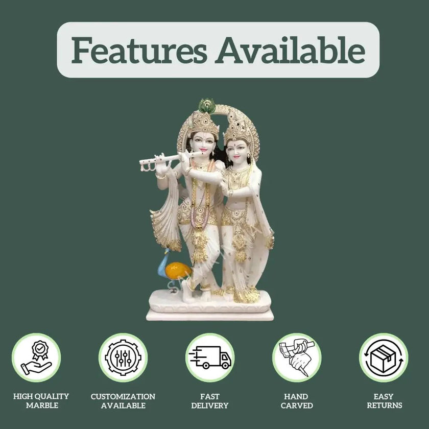 Front view of Radha Krishna Marble Idol handcrafted in pure white marble for home and temple