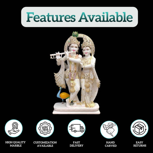 Handcrafted Radha Krishna marble idol in white marble