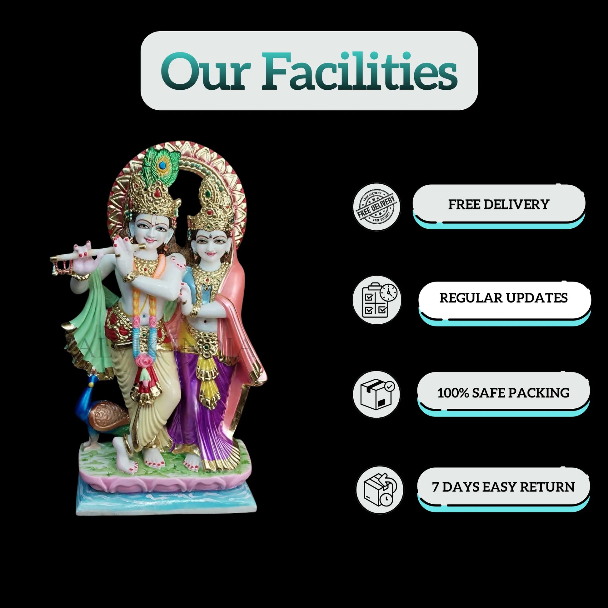Radha Krishna Marble Moorti with Cow for Temple Décor