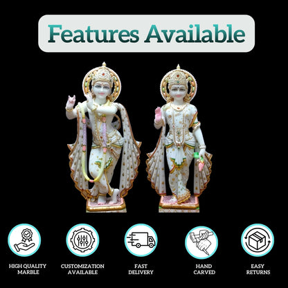 Close-up facial detailing of Radha Krishna marble murti