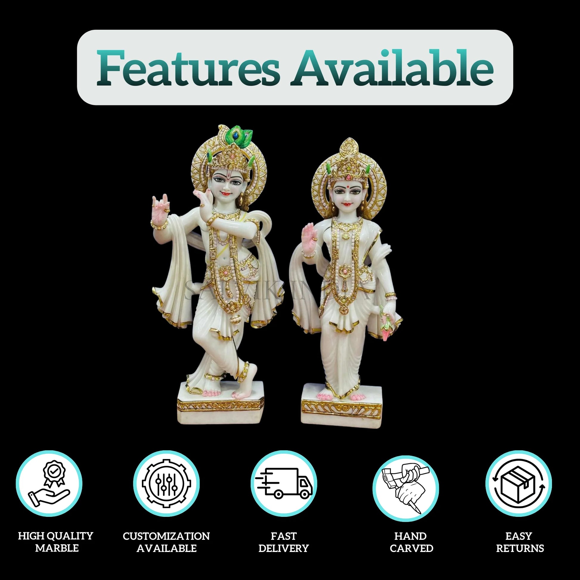 Side view of Radha Krishna 1 feet marble murti, hand-carved and polished