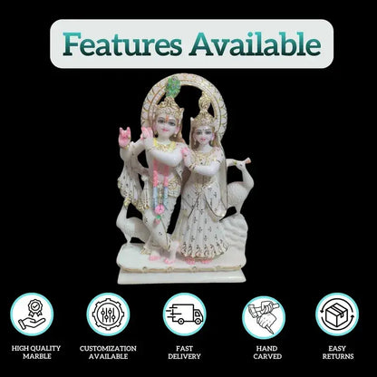Radha Krishna Marble Statue with Two Carved Peacocks