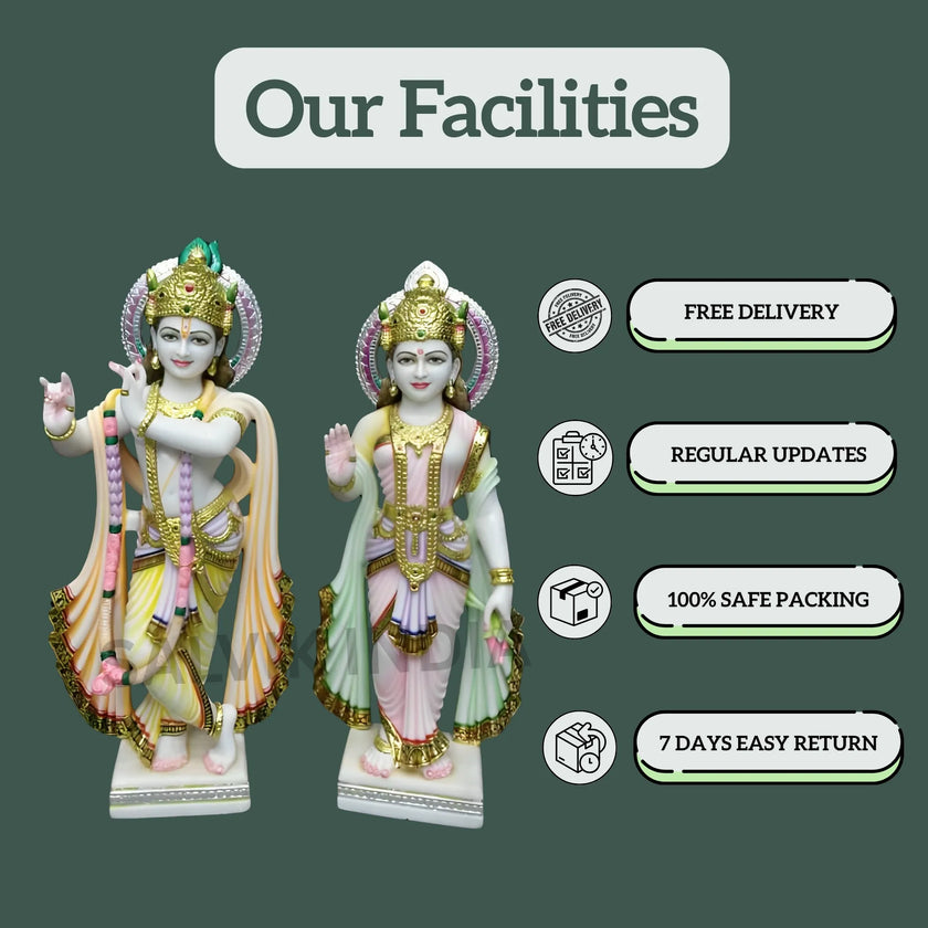 Close-up of Radha Krishna murti with diamond polish and detailed ornaments