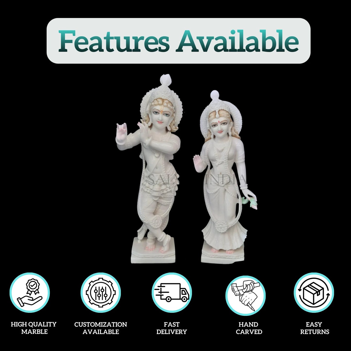 Intricate hand carving on Radha Krishna white marble statue