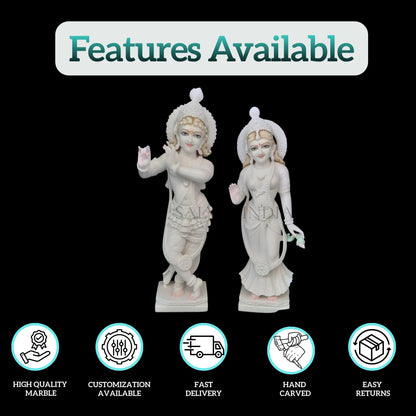Intricate hand carving on Radha Krishna white marble statue