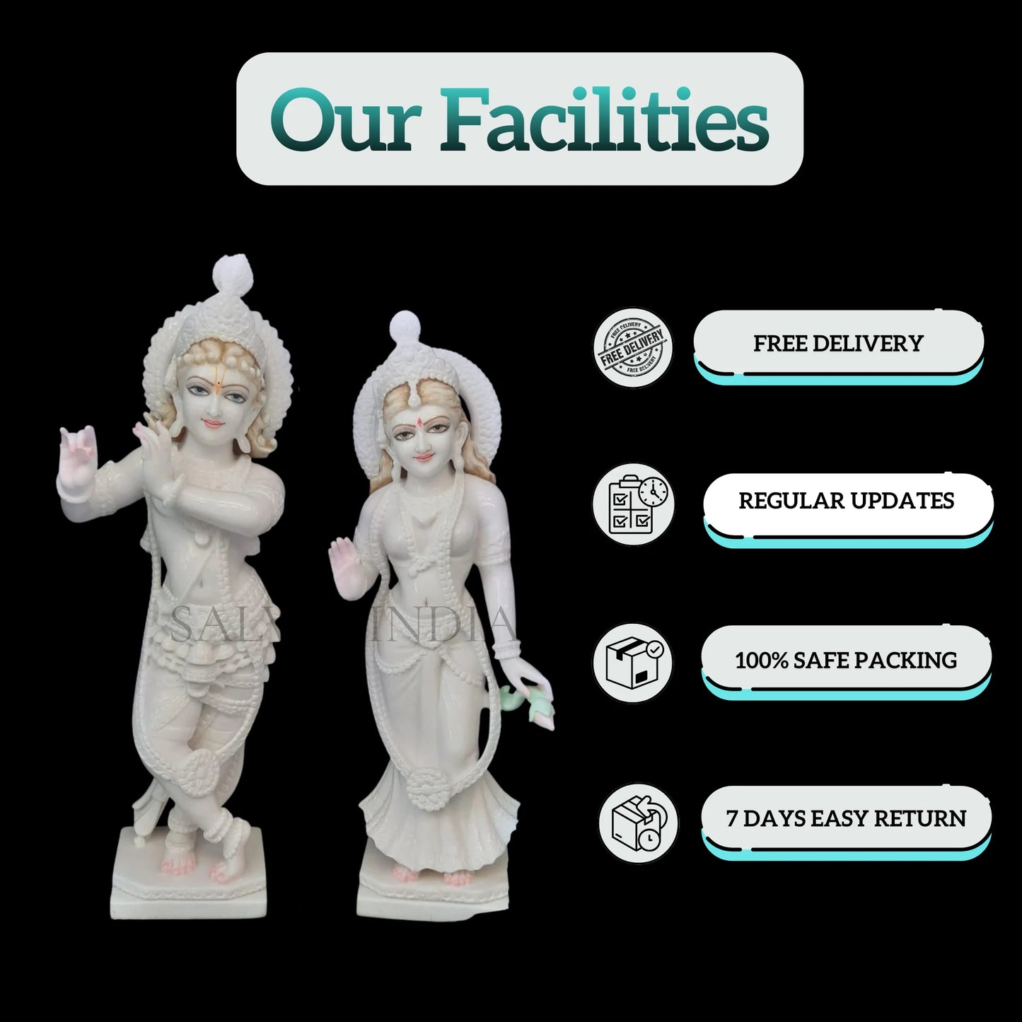 Smooth polished finish of Radha Krishna white marble statue