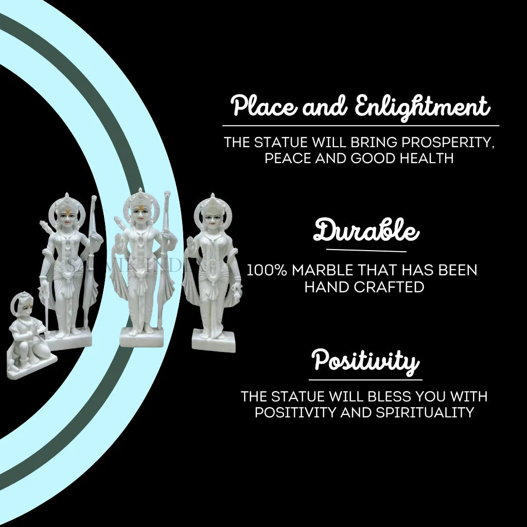 Handcrafted marble Ram Darbar idol with spiritual benefits listed