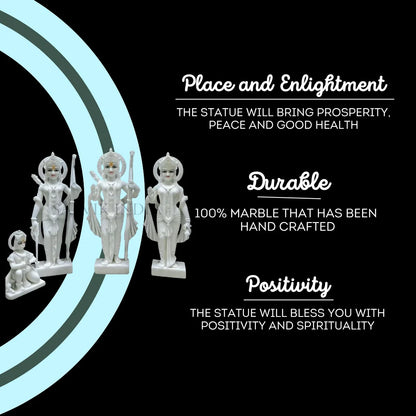 Handcrafted marble Ram Darbar idol with spiritual benefits listed