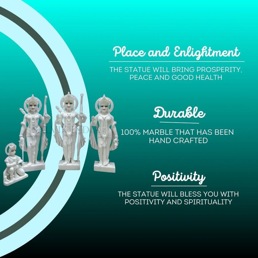 Handcrafted marble Ram Darbar idol with spiritual benefits listed