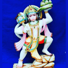 Sanjeevani Hanuman marble idol carrying mountain hand-painted Makrana marble sculpture