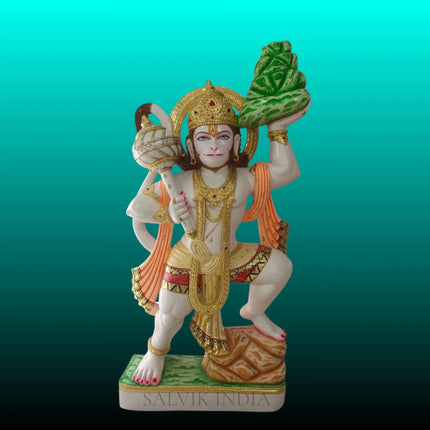 Sanjeevani Hanuman marble idol carrying mountain hand-painted Makrana marble sculpture