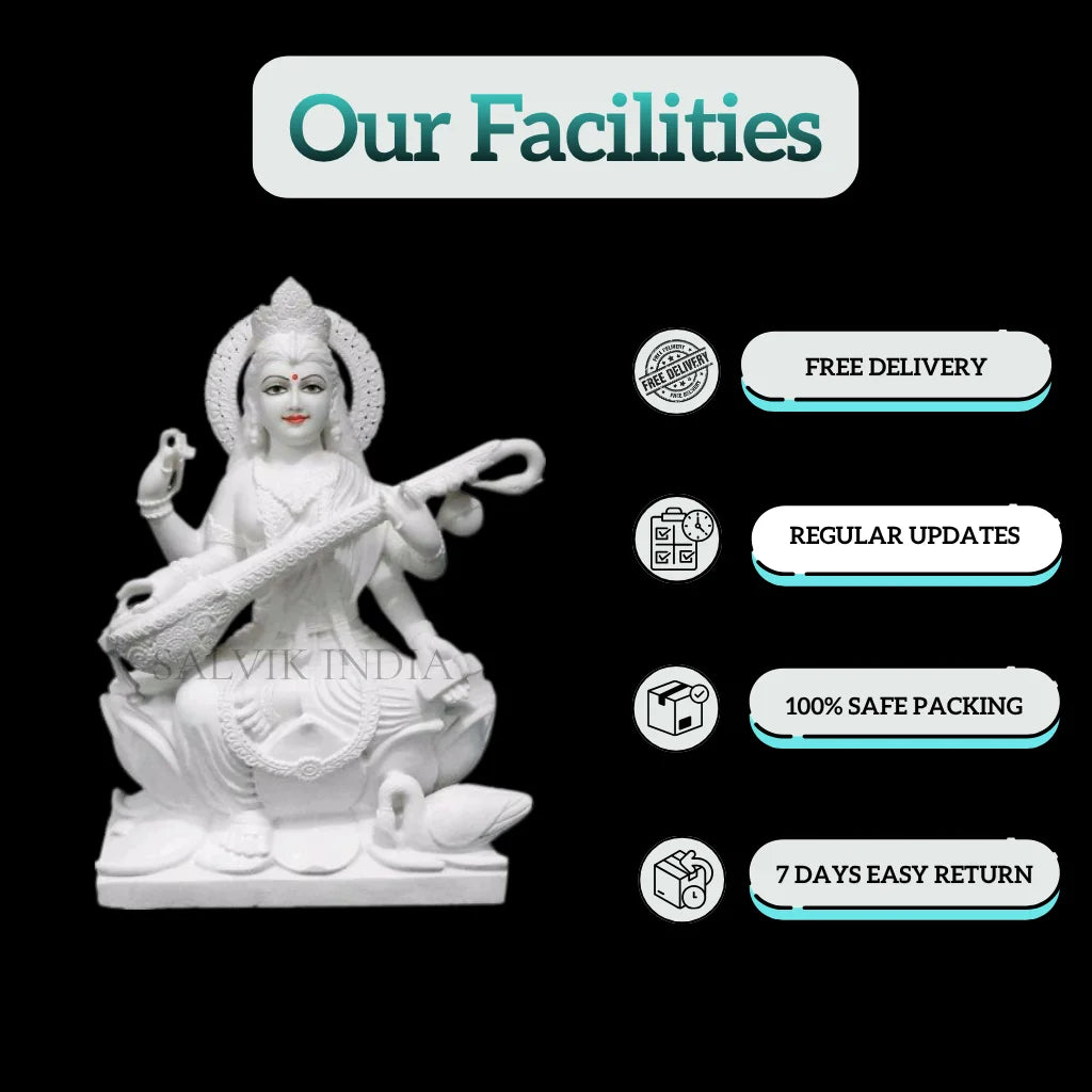 Saraswati idol sitting on lotus handcrafted marble statue