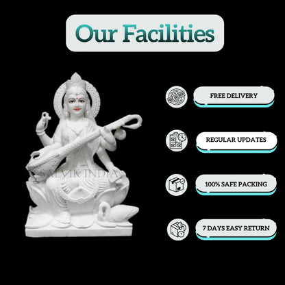 Saraswati idol sitting on lotus handcrafted marble statue