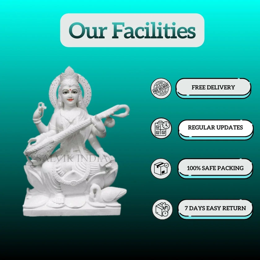 Saraswati idol sitting on lotus handcrafted marble statue