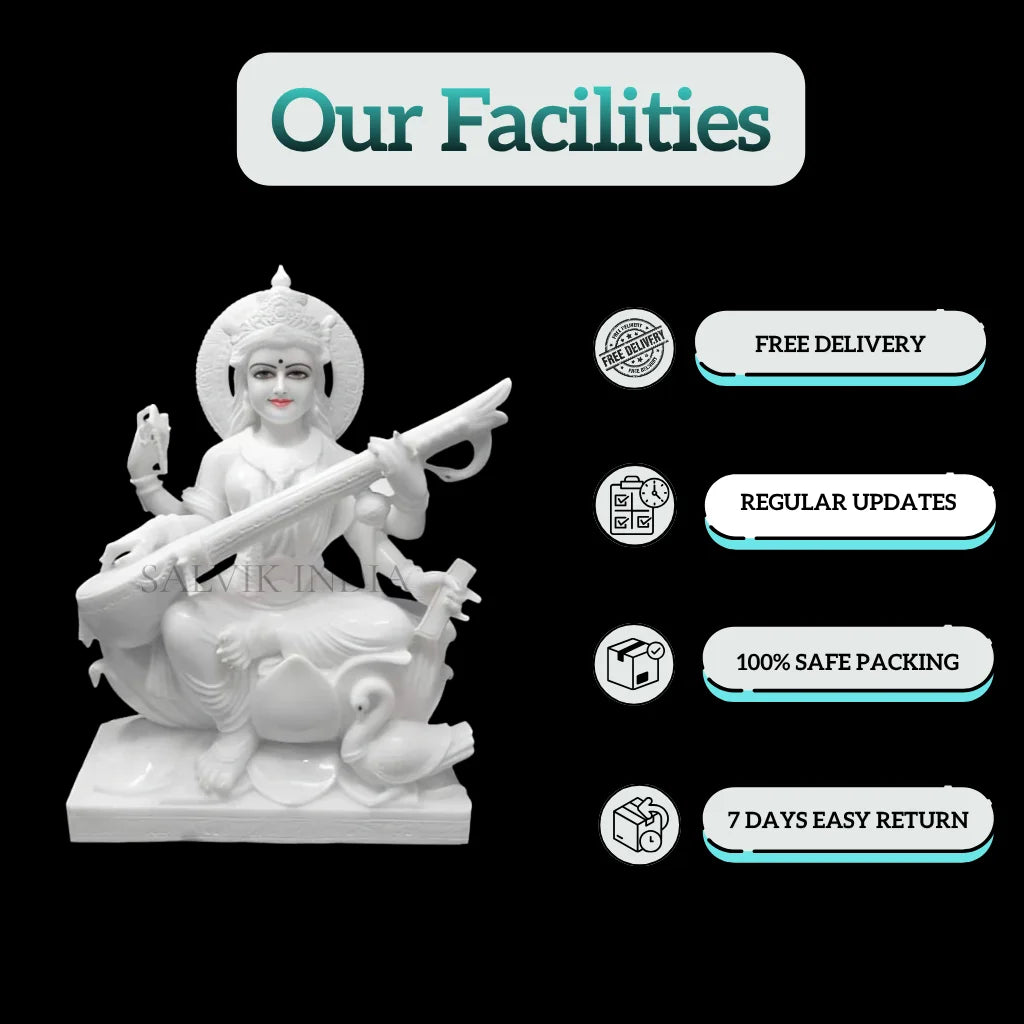 Saraswati marble idol handmade craftsmanship close-up