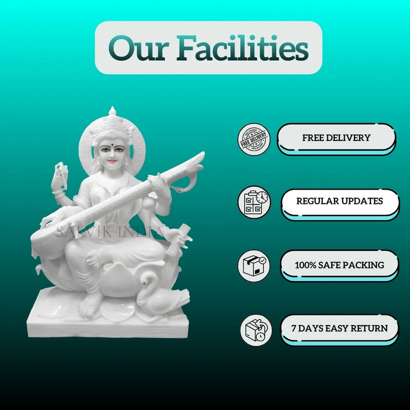 Saraswati marble idol handmade craftsmanship close-up