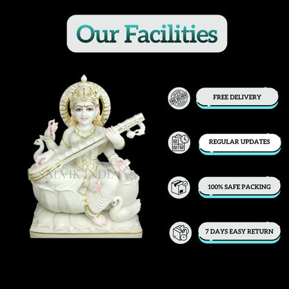 Saraswati murti handcrafted marble sculpture close view
