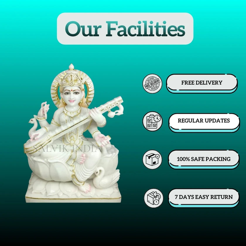 Saraswati murti handcrafted marble sculpture close view