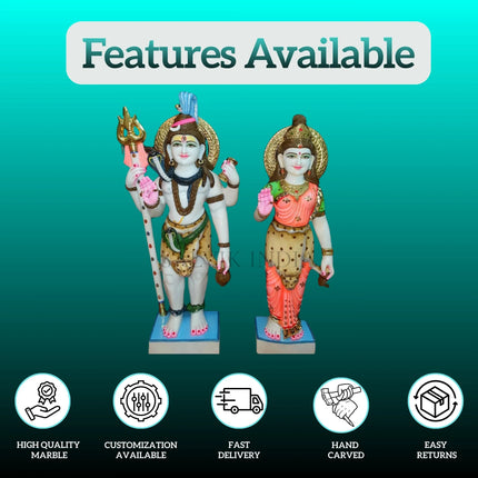 Front view of standing Shiv Parvati marble statue 18 inch