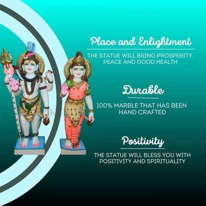 Handcrafted detailing on Shiv Parvati marble statue 18 inch