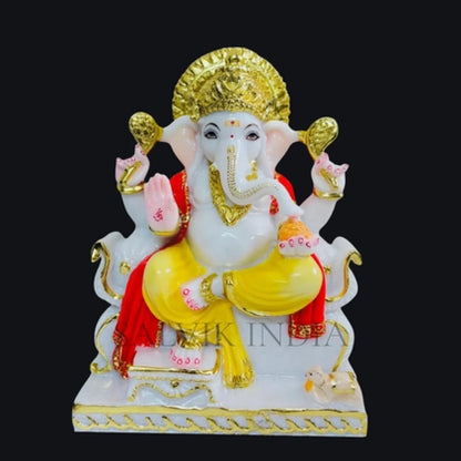 front view of Shree Ganesh marble murti in white marble for home temple