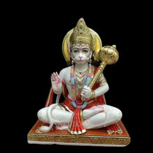 Sitting Hanuman Ji idol on chowki with gada hand-painted Makrana marble sculpture