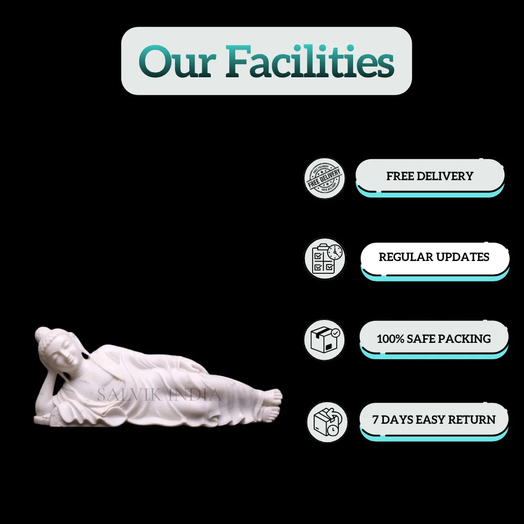 Side angle of sleeping Buddha marble statue 6 ft handcrafted idol