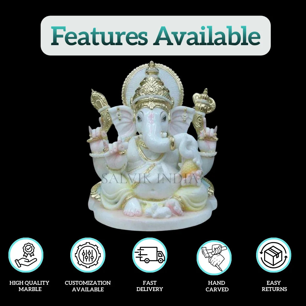 Small marble Ganesh murti handcrafted from white Vietnam marble