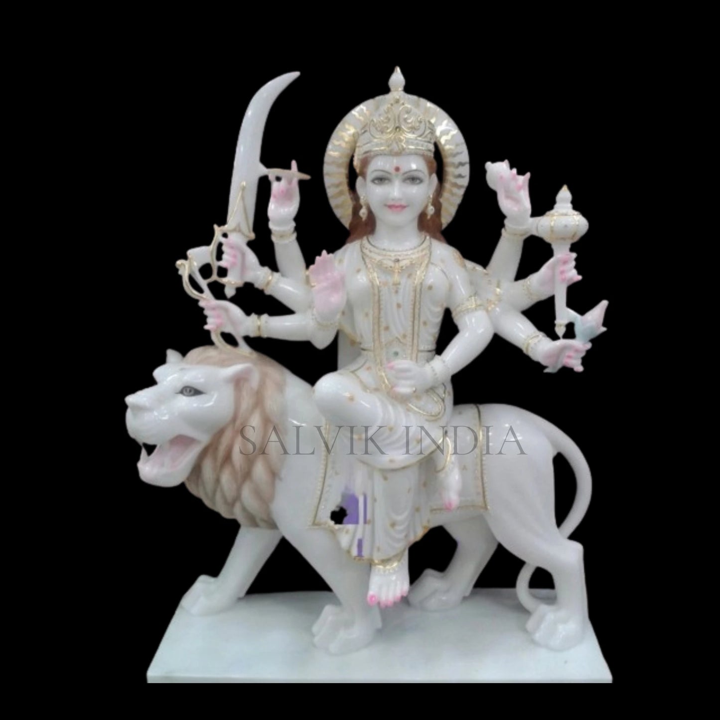 Traditional Durga marble statue in lion seated pose handcrafted for home and temple