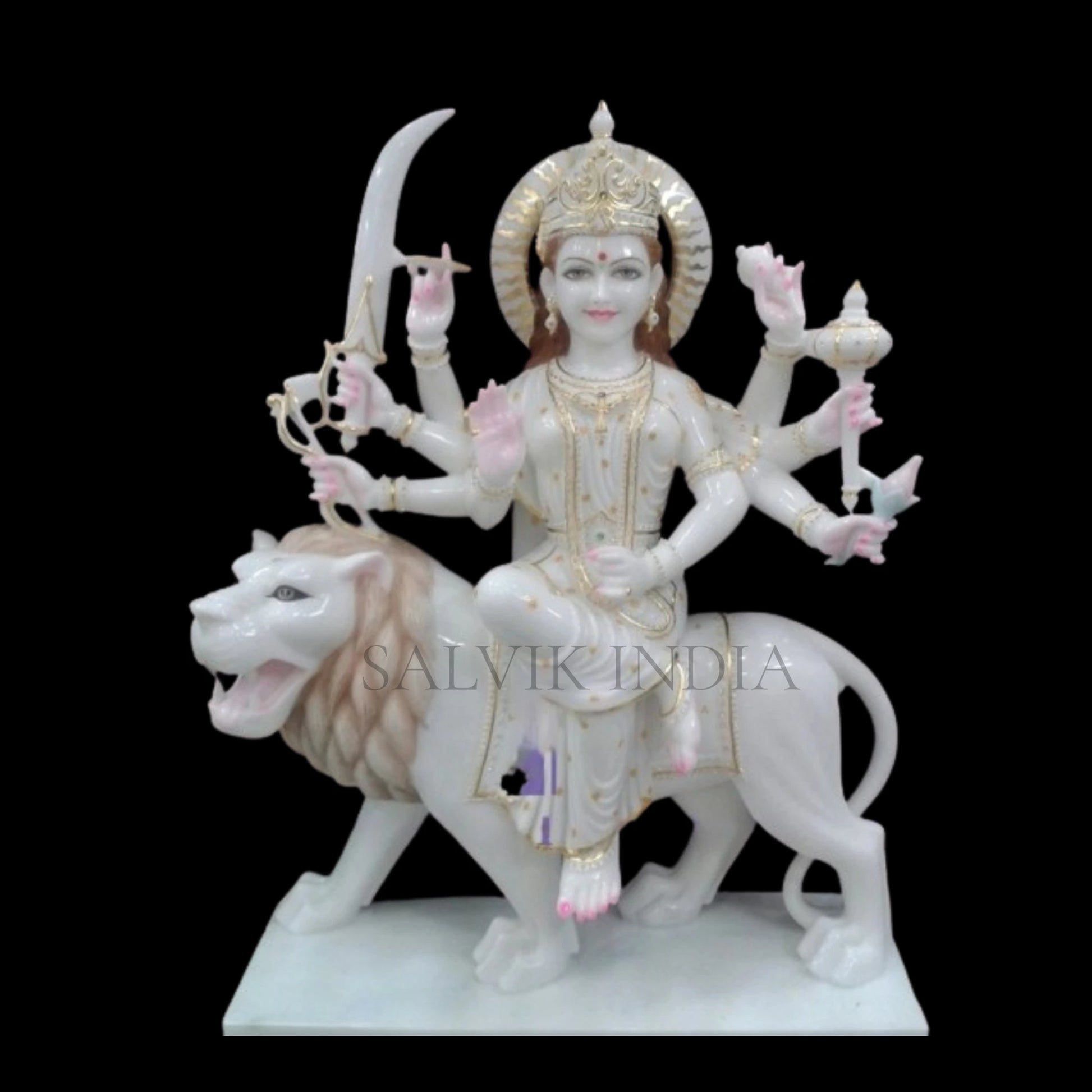 Traditional Durga marble statue in lion seated pose handcrafted for home and temple