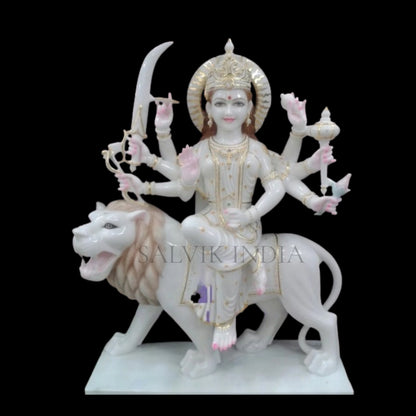 Traditional Durga marble statue in lion seated pose handcrafted for home and temple