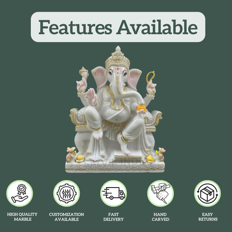 Vinayagar Marble Ganpati Idol – High Quality Marble, Hand Carved, Customization Available, and Fast Delivery