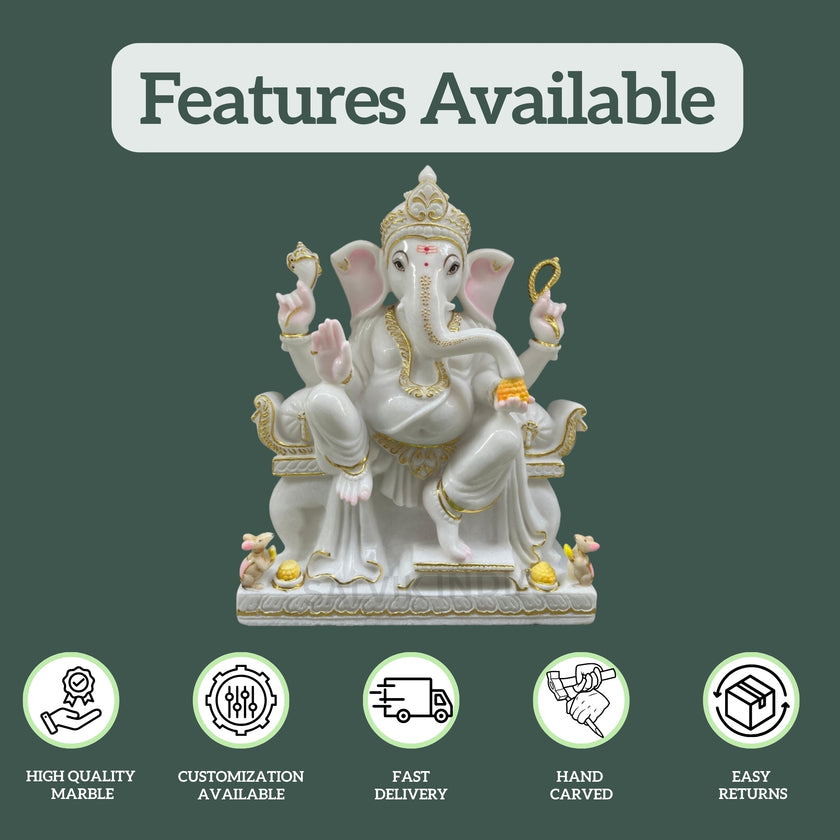 Vinayagar Marble Ganpati Idol – High Quality Marble, Hand Carved, Customization Available, and Fast Delivery