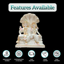 Vishnu Laxmi marble idol showing features like high quality marble, customization, fast delivery, and hand carving by Salvik India
