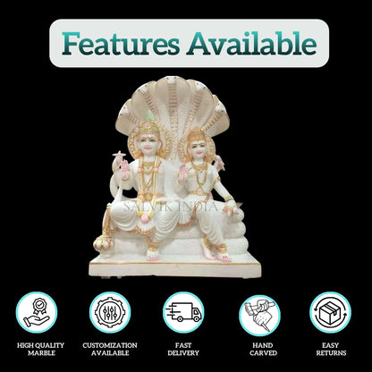 Vishnu Laxmi marble idol showing features like high quality marble, customization, fast delivery, and hand carving by Salvik India