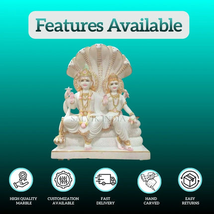 Vishnu Laxmi marble idol showing features like high quality marble, customization, fast delivery, and hand carving by Salvik India