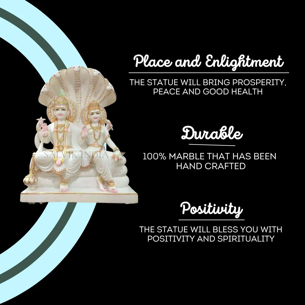 White marble Vishnu Laxmi murti showing benefits of prosperity, durability, positivity, and spiritual enlightenment