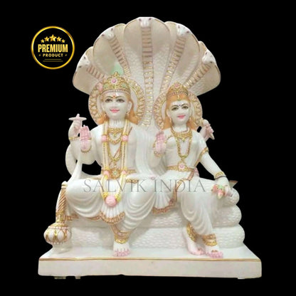 Handcrafted Vishnu Laxmi Murti in white marble with Sheshnag design by Salvik India