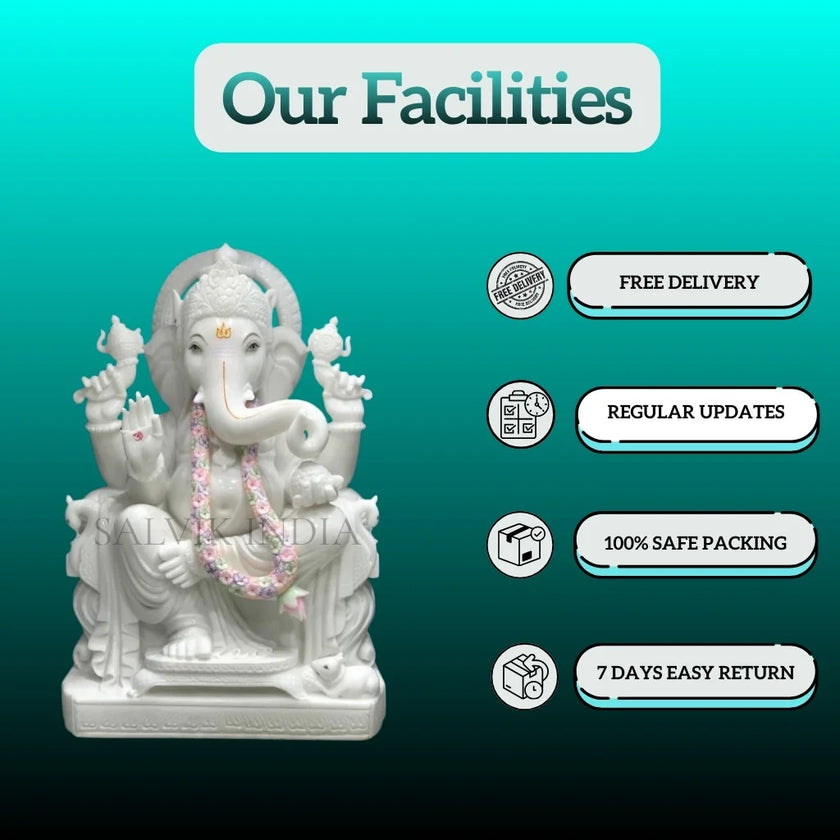 Handcrafted white Ganesh marble statue for home temple showing durability and spiritual benefits