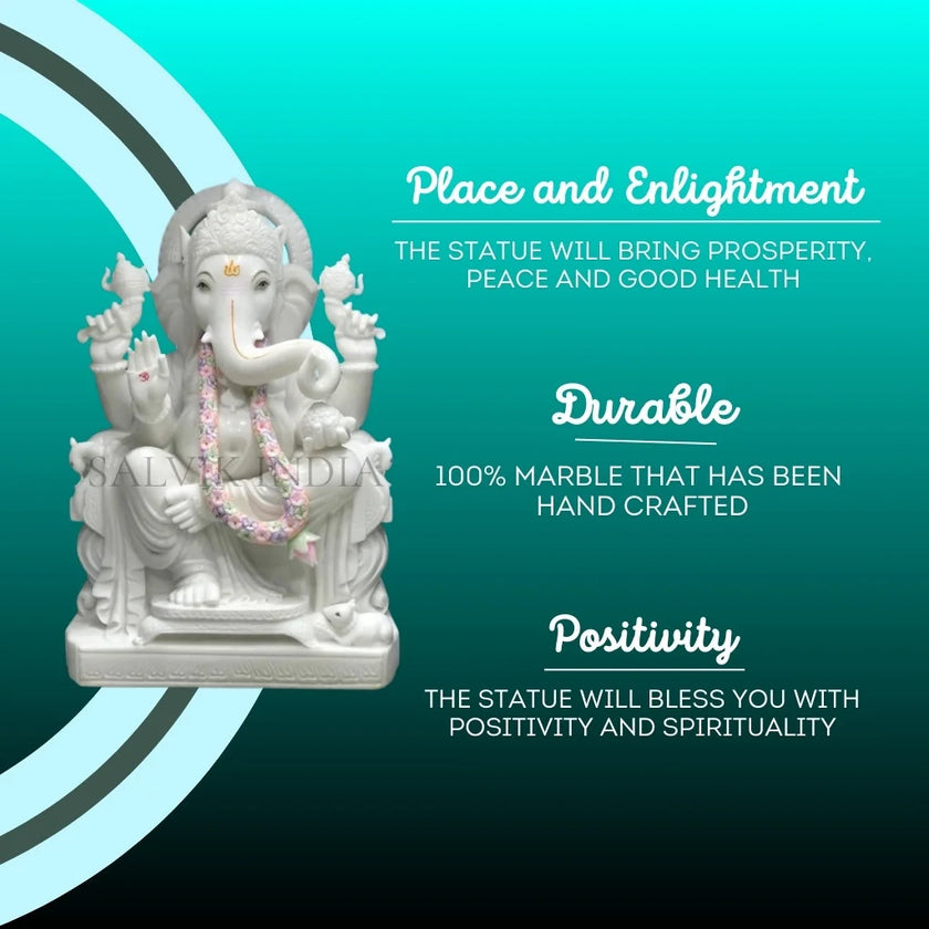 White Ganesh marble statue handcrafted from Makrana marble showing durability and spiritual benefits