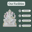 White Ganpati Marble Murti showing product features – durable, customizable, fast delivery, handcrafted statue from Salvik India.
