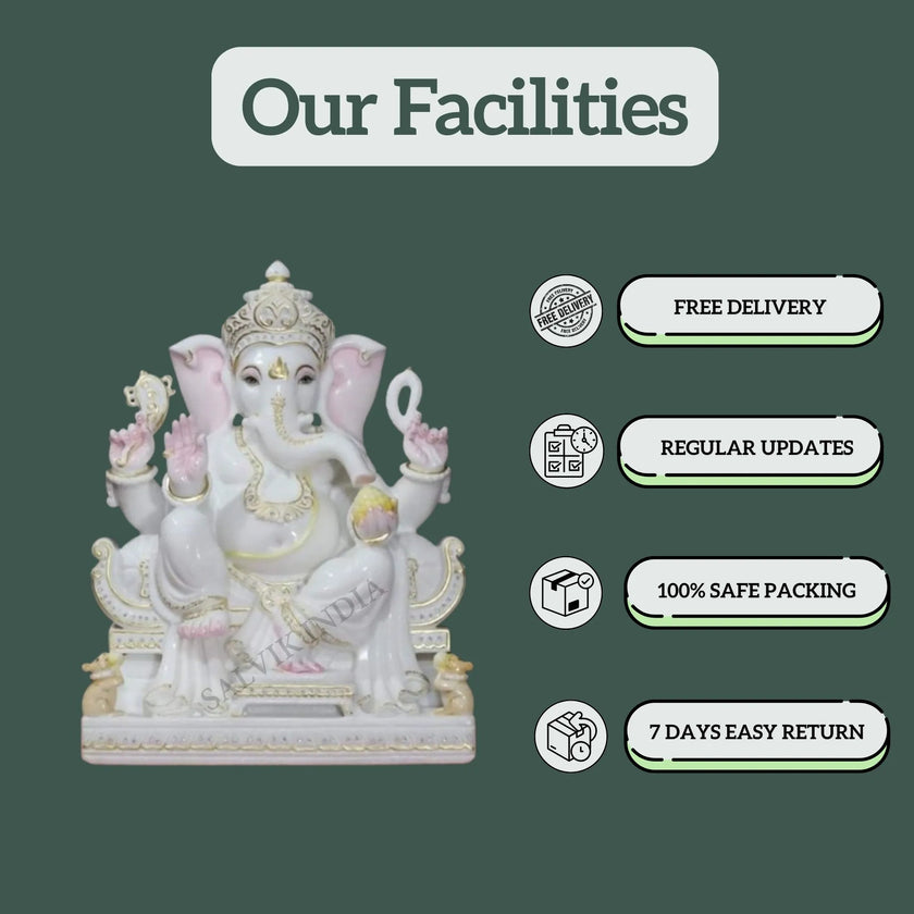White Ganpati Marble Murti showing product features – durable, customizable, fast delivery, handcrafted statue from Salvik India.