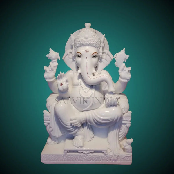 White Makrana Marble Ganesh Statue 18 Inch – Handcrafted Ganpati Idol by Salvik India