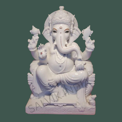 White Makrana Marble Ganesh Statue 18 Inch – Handcrafted Ganpati Idol by Salvik India