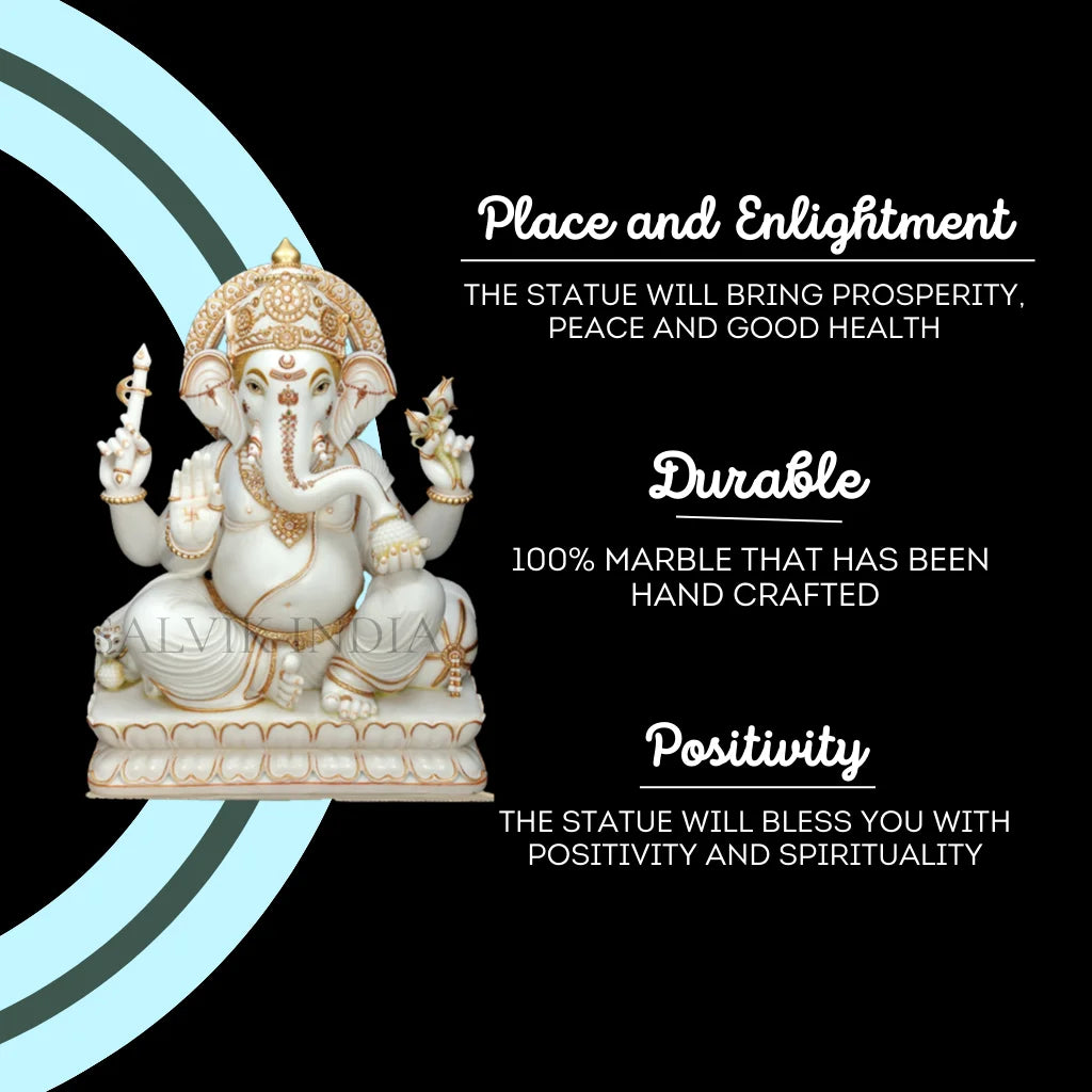 White Makrana marble Ganpati idol with intricate ornaments